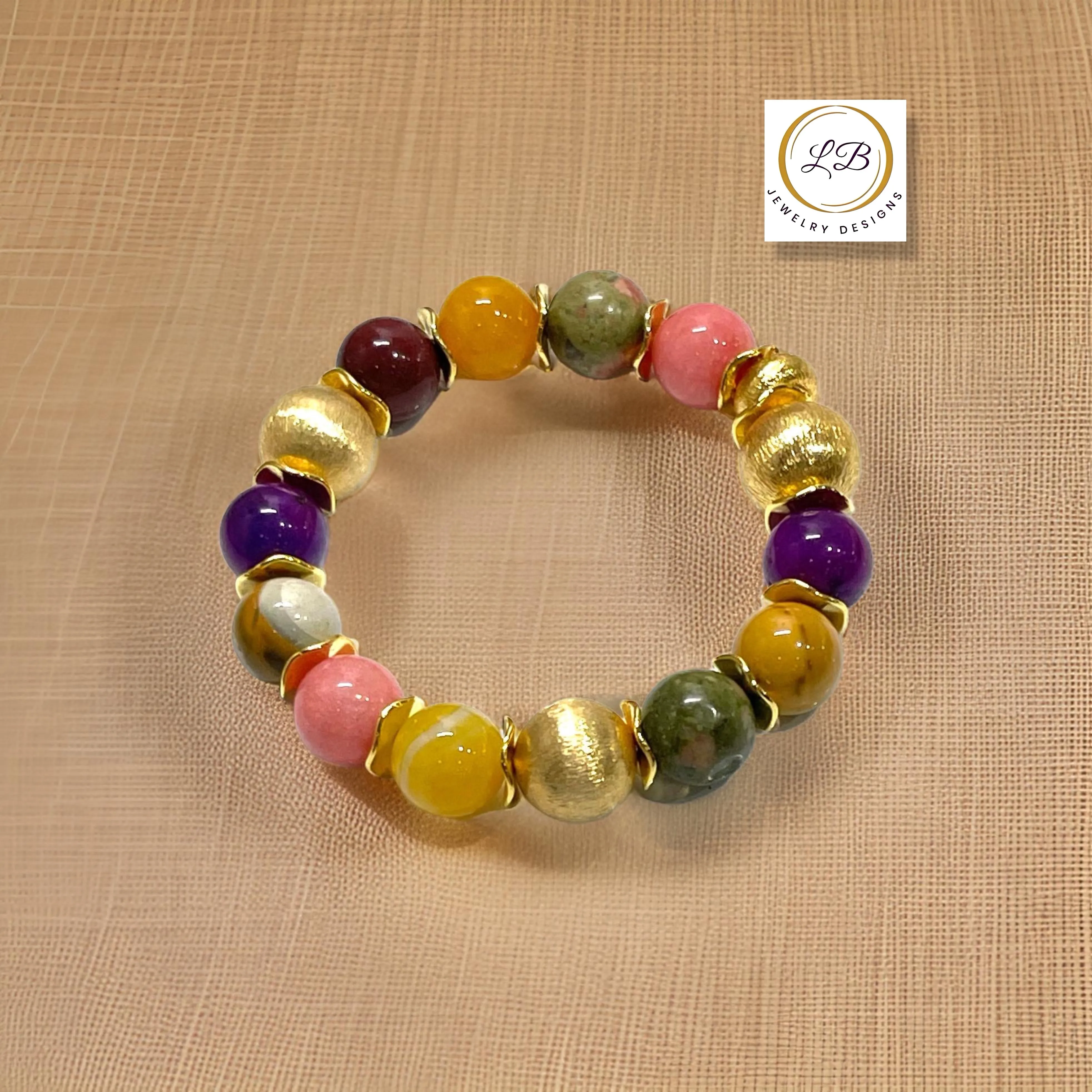 Multi-Gemstone Rhodochrosite, Sugilite & Jade Gemstone Gold Beaded Bracelet