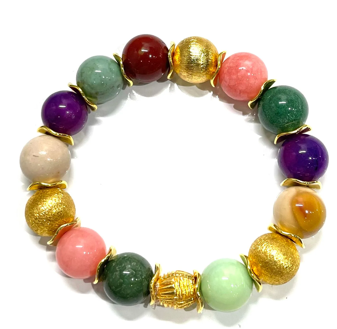 Multi-Gemstone Rhodochrosite, Sugilite & Jade Gemstone Gold Beaded Bracelet