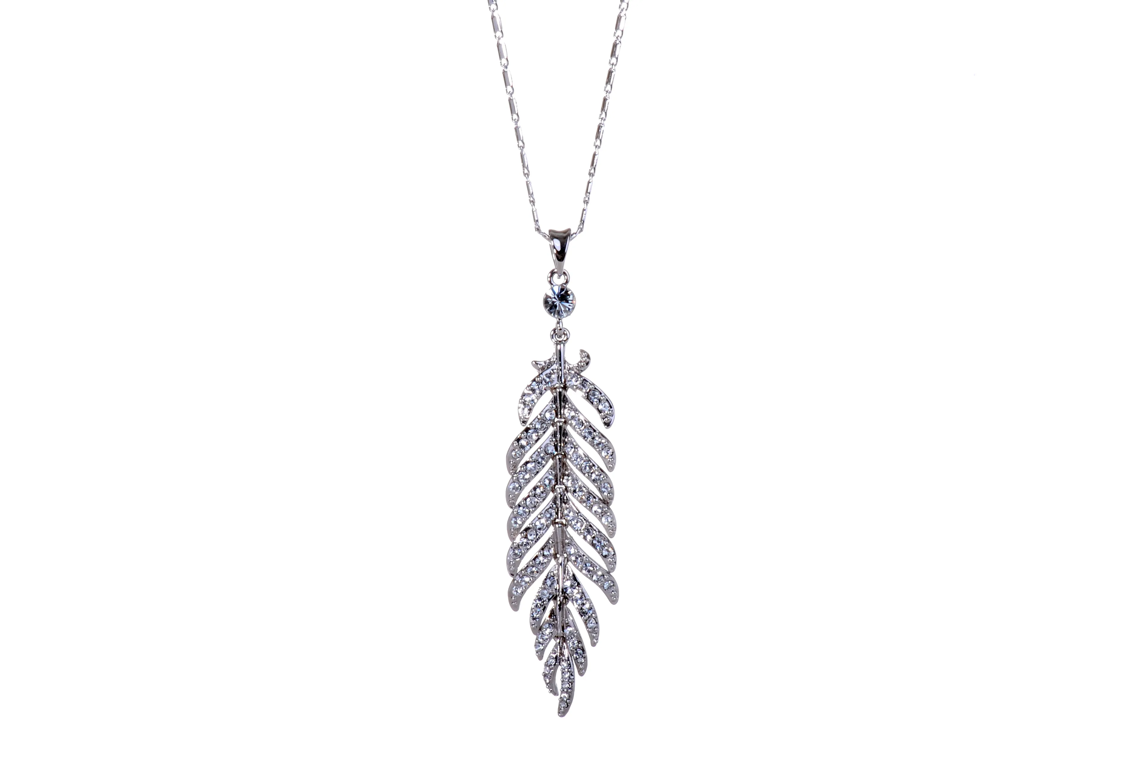 N7133 Cascading Leaf Rhodium Plated Swarovski Elements Pendant Necklace