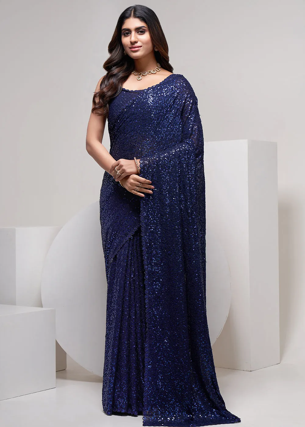 Navy Blue Thread & Multi Sequins Work Party Wear Saree