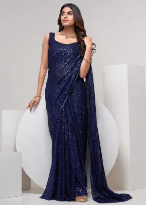 Navy Blue Thread & Multi Sequins Work Party Wear Saree