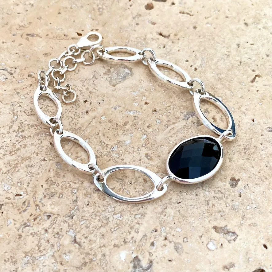 Onyx Oval Gemstone Peony Bracelet