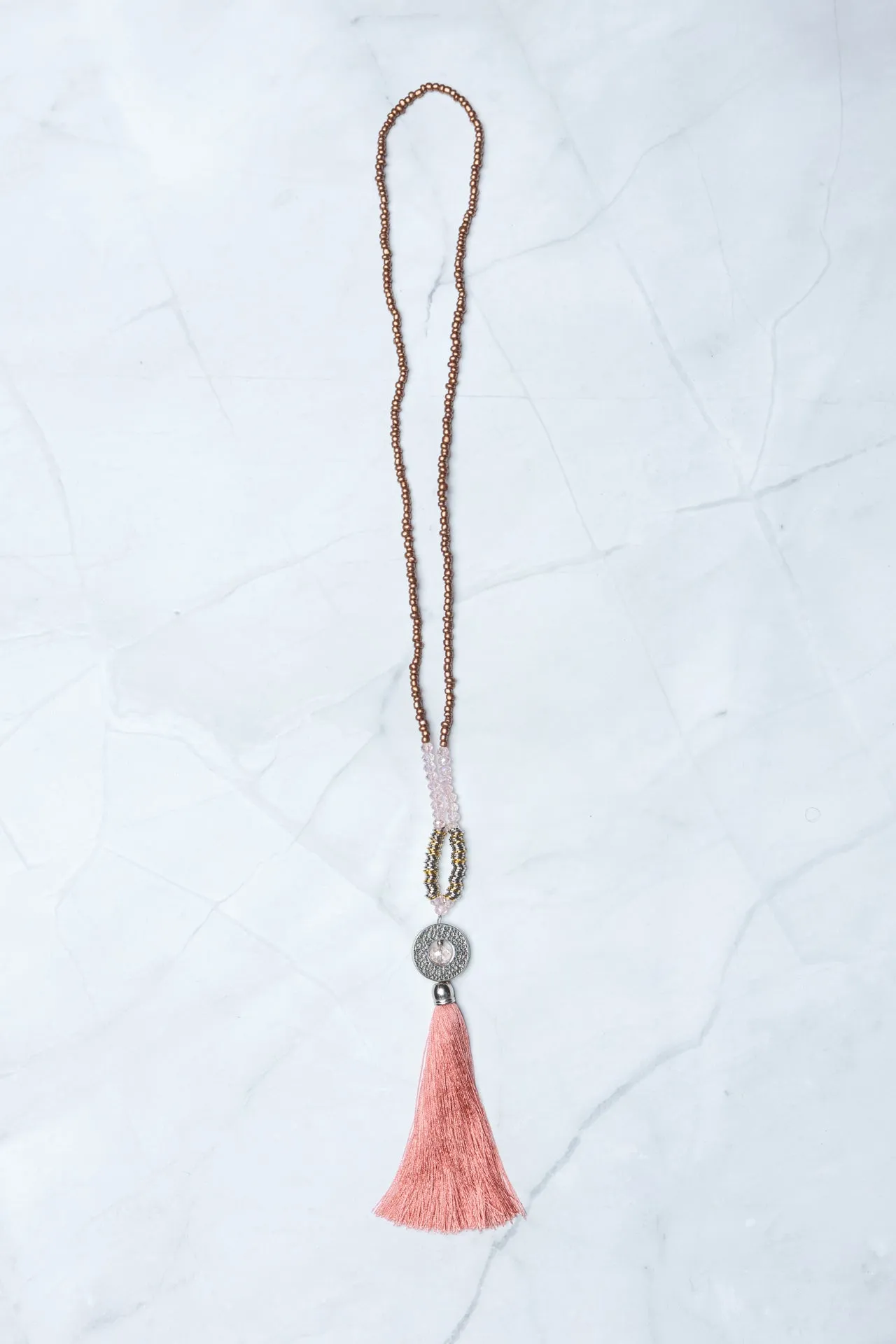 Pink Circle Pendant Tassel Necklace