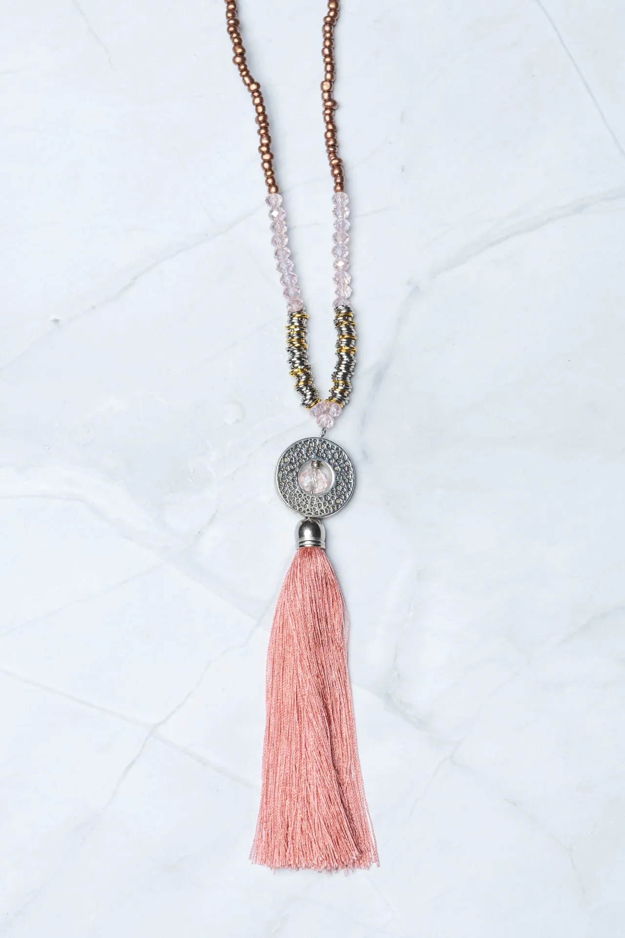 Pink Circle Pendant Tassel Necklace