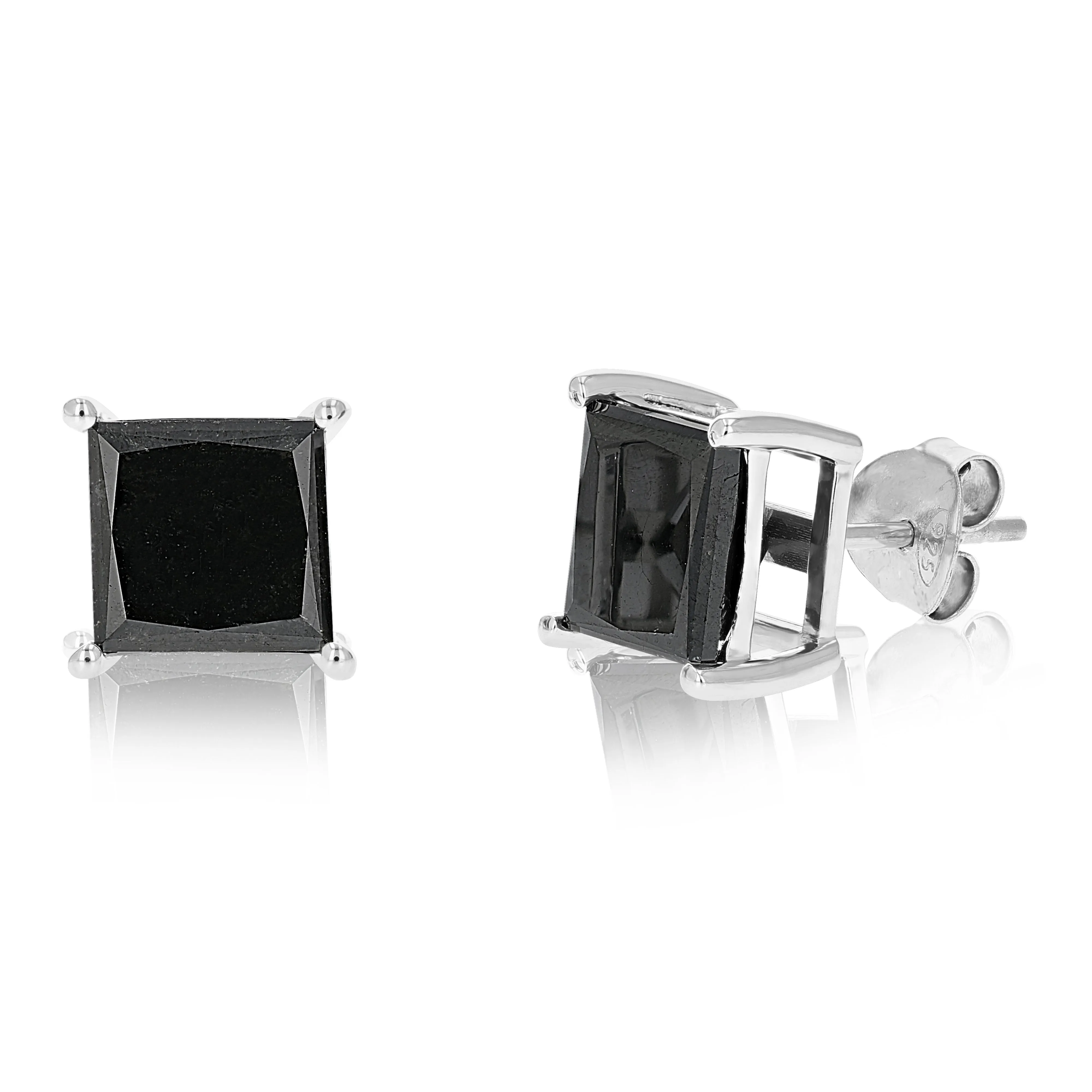 Princess Black Diamond Stud Earrings in Sterling Silver