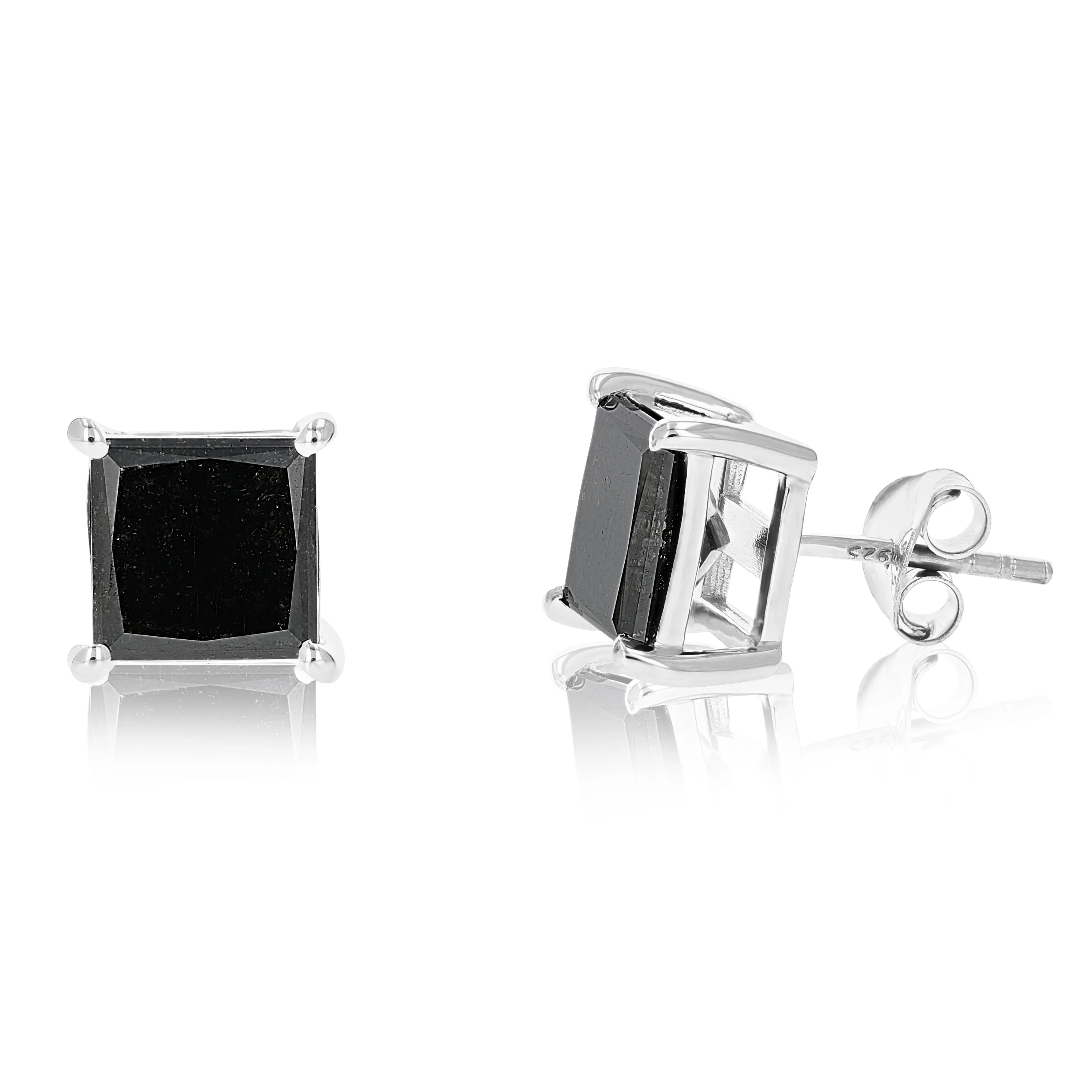 Princess Black Diamond Stud Earrings in Sterling Silver