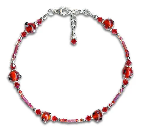 Red Glass Crystal Silver Beaded Anklet