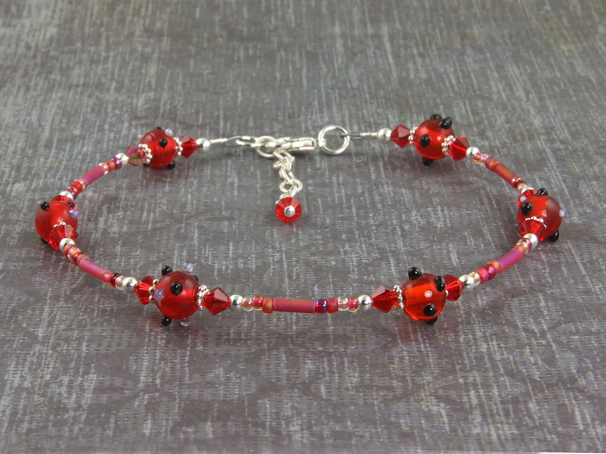 Red Glass Crystal Silver Beaded Anklet