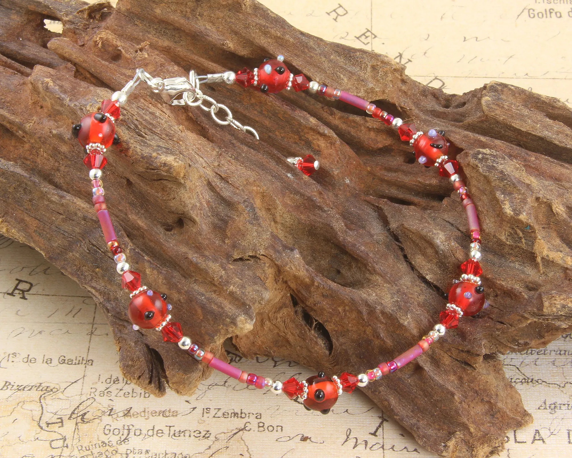 Red Glass Crystal Silver Beaded Anklet