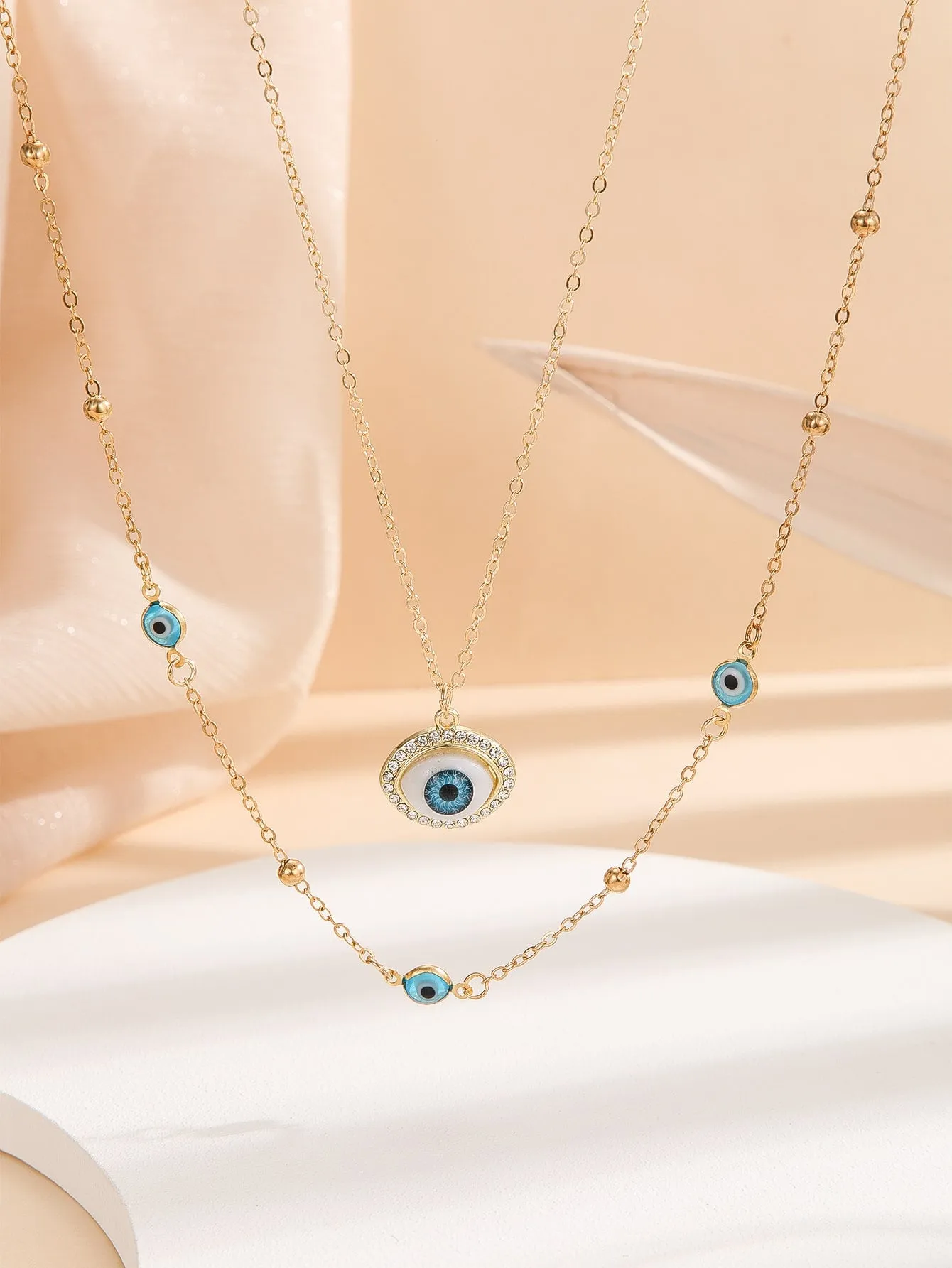 Rhinestone Decor Evil Eye Charm Layered Necklace Jewelry for Women Gift for Her