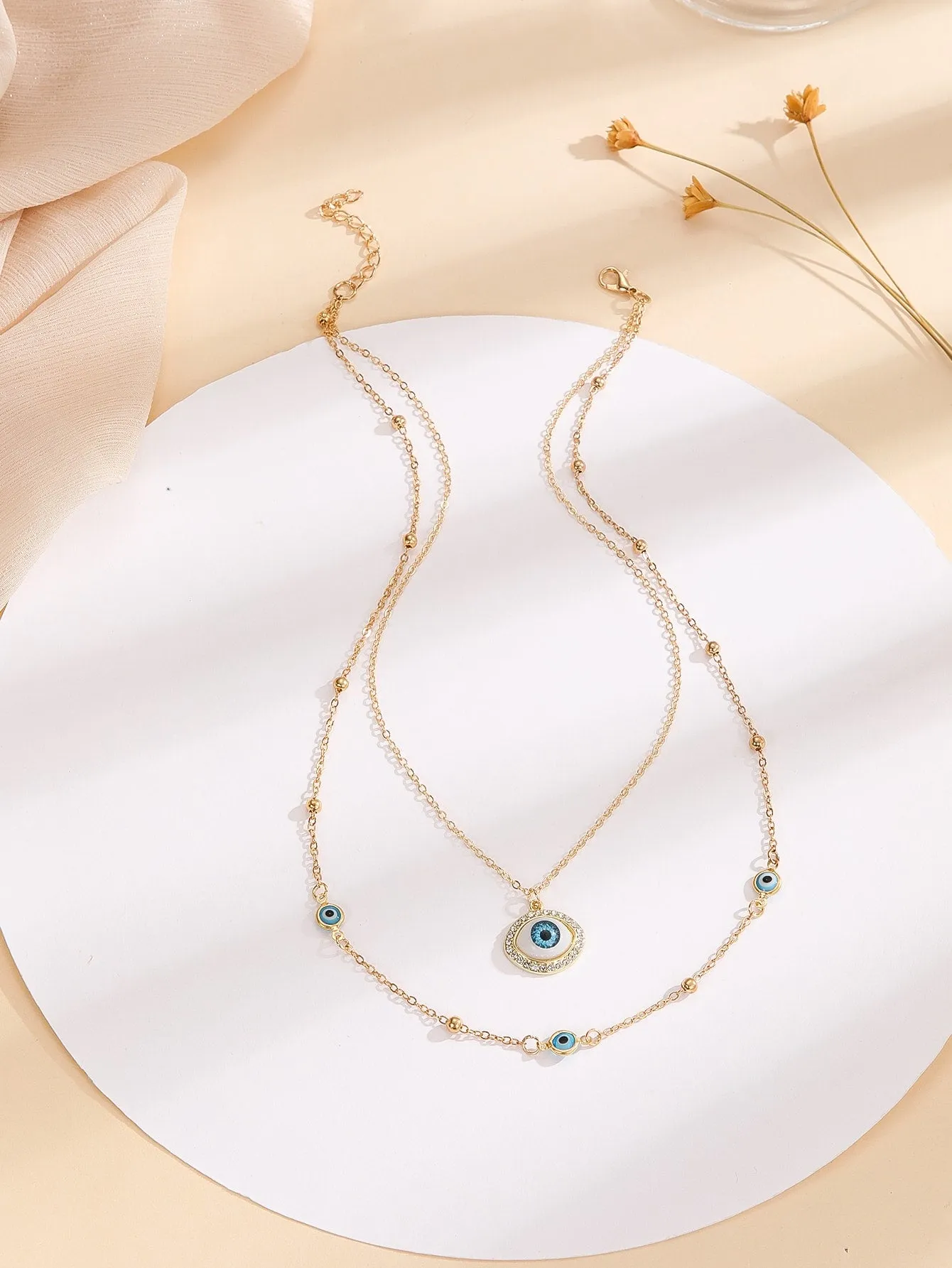 Rhinestone Decor Evil Eye Charm Layered Necklace Jewelry for Women Gift for Her