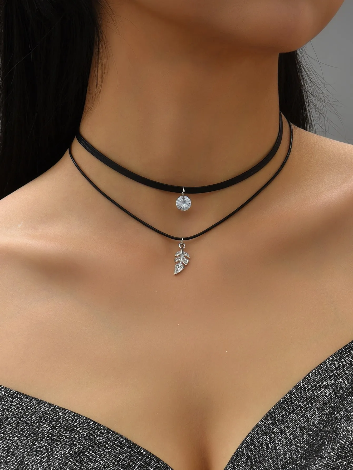 Rhinestone Leaf Charm Layered Choker Jewelry for Women Gift for Her Necklace