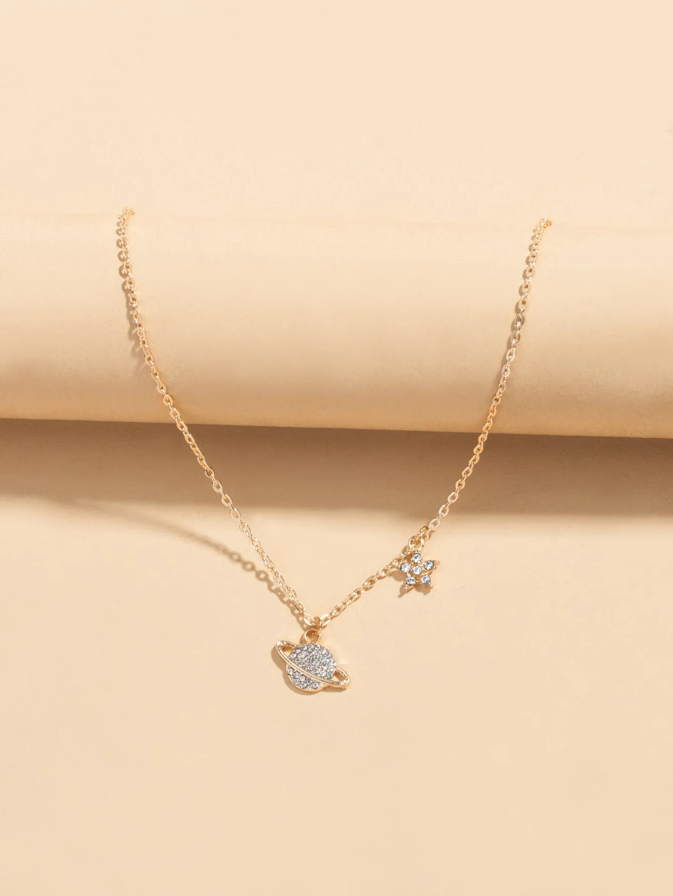 Rhinestone Planet and Star Charm Necklace Elegant Necklace for Women Fashion