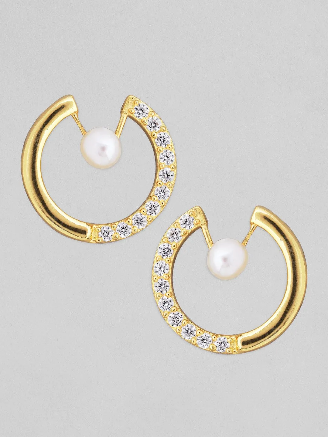 Rubans 925 Silver Asymmetrical Merge Of Pearls And Zirconia Stud Earrings.- Gold Plated