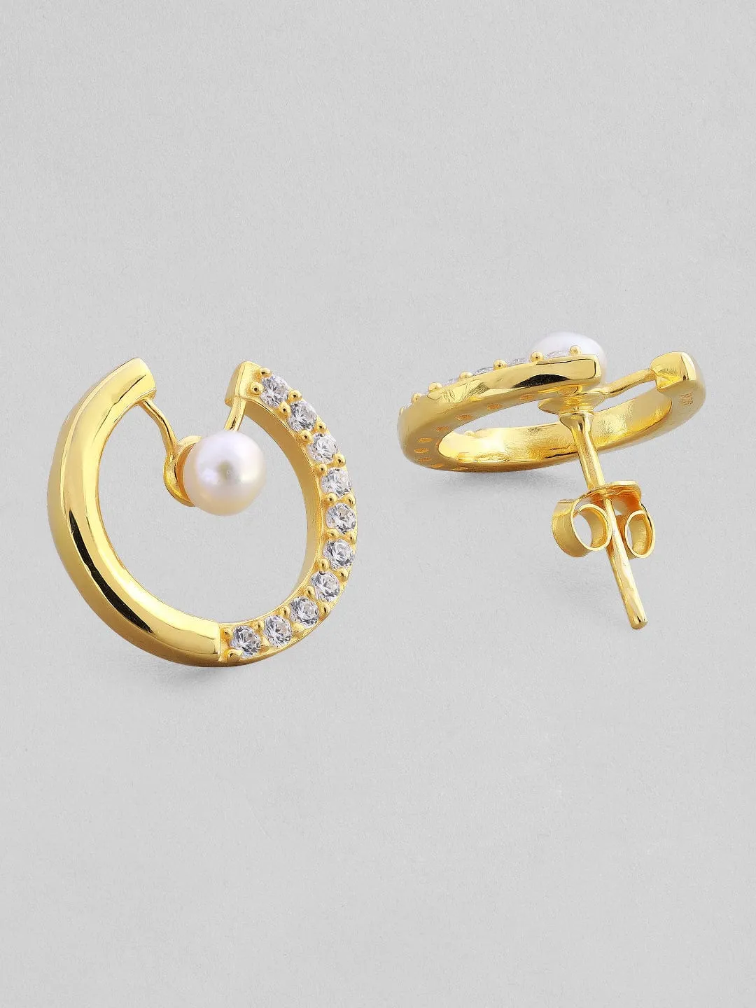 Rubans 925 Silver Asymmetrical Merge Of Pearls And Zirconia Stud Earrings.- Gold Plated