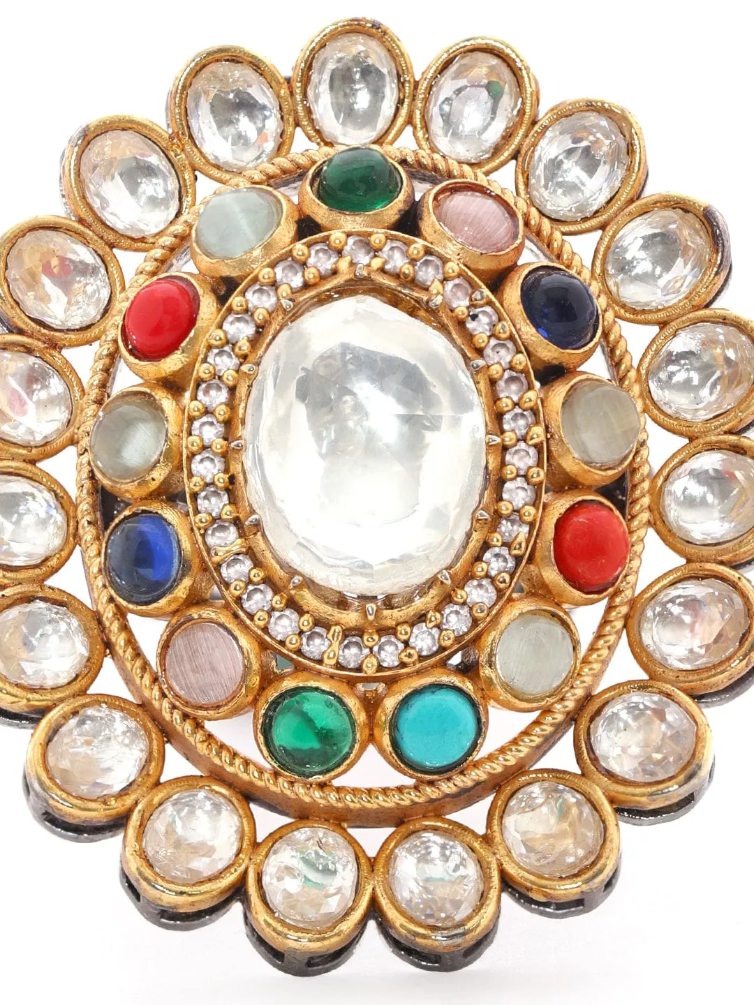 Rubans Gold Plated Kundan & Multicolour Gem Zirconia Ring