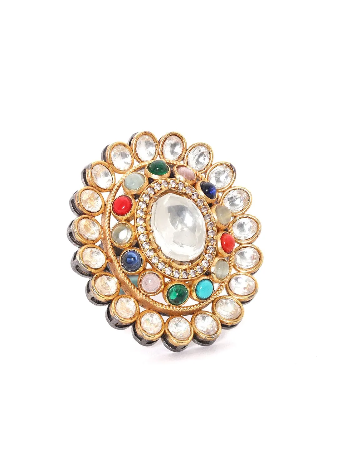 Rubans Gold Plated Kundan & Multicolour Gem Zirconia Ring