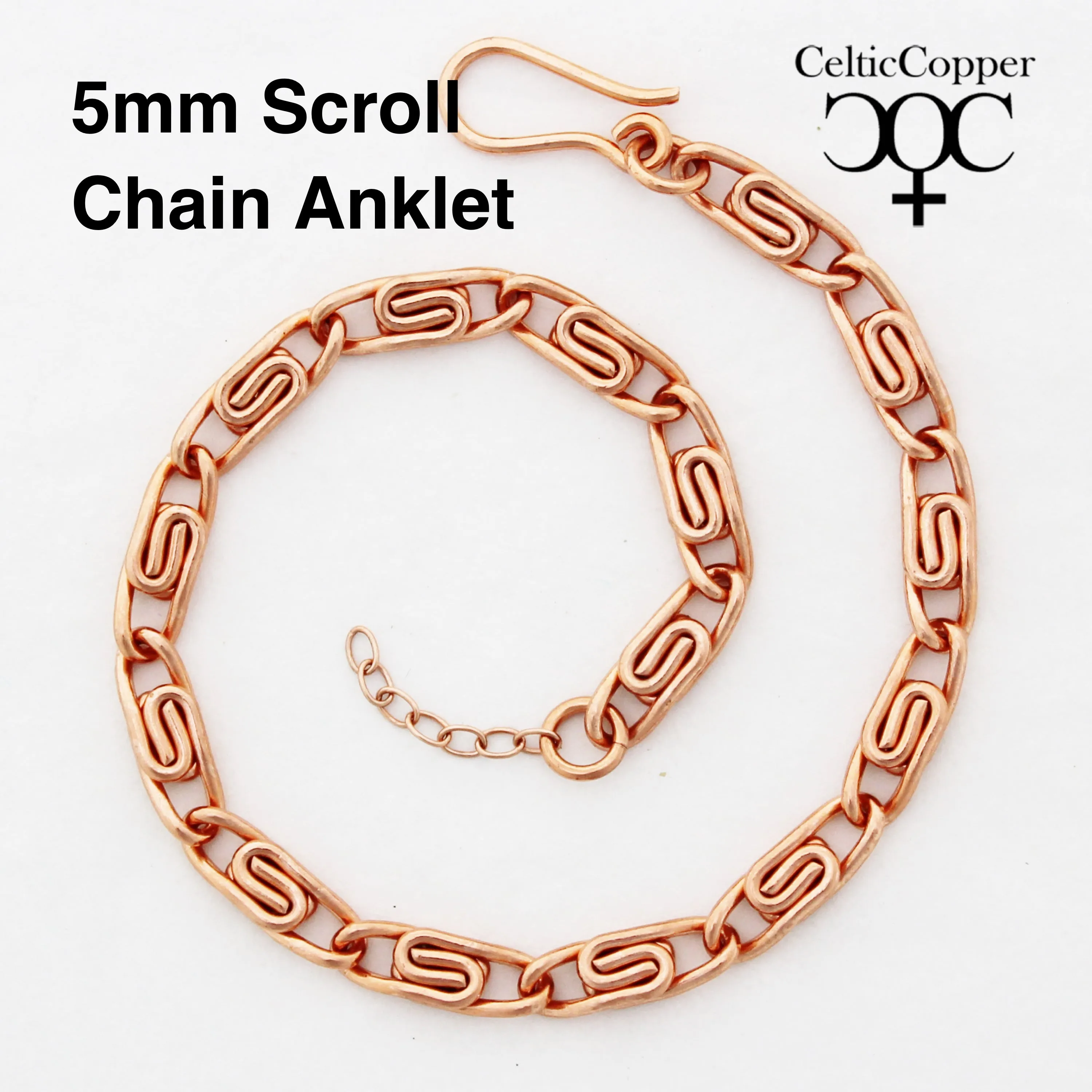 Set of 2 Solid Copper Anklet Chains AC66S Adjustable Medium 5mm Celtic Scroll Chain Copper Anklet Set