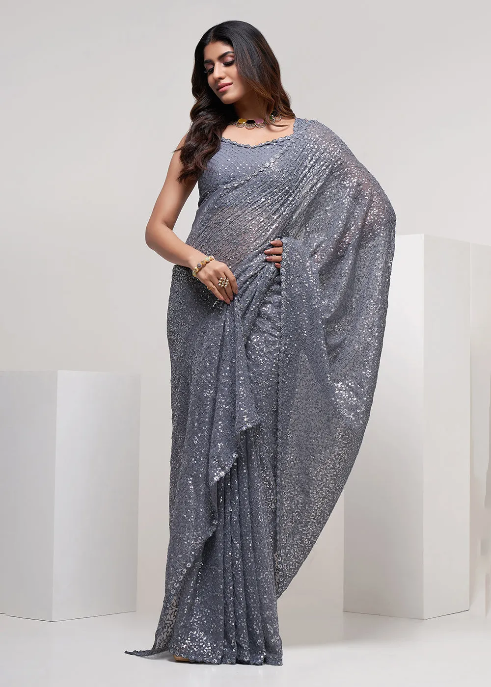 Slate Grey Thread & Multi Sequins Work Party Wear Saree