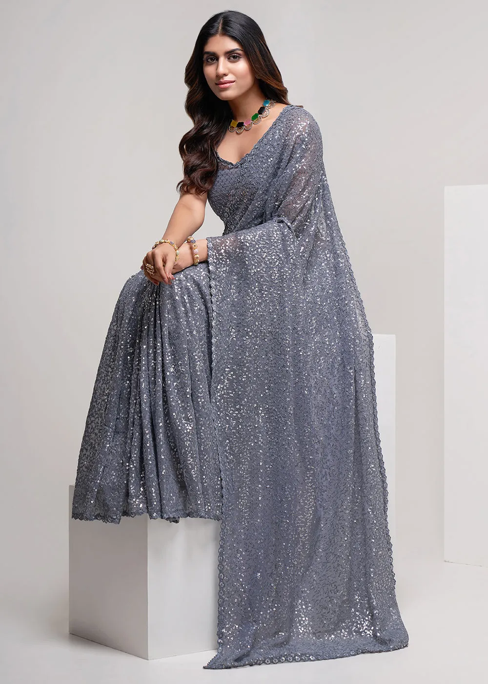 Slate Grey Thread & Multi Sequins Work Party Wear Saree