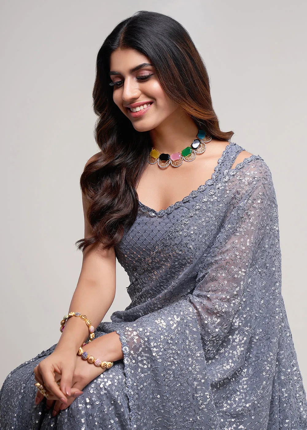 Slate Grey Thread & Multi Sequins Work Party Wear Saree