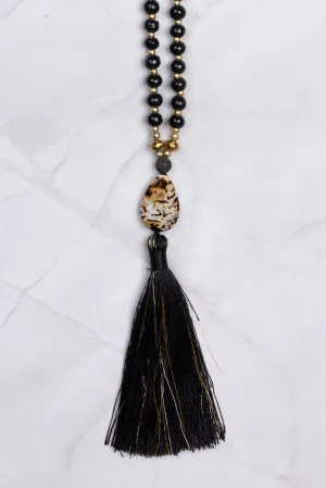 Small Black and Gold Brown Stone Pendant Tassel Necklace