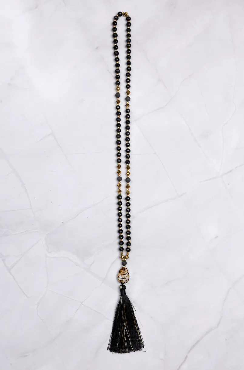 Small Black and Gold Brown Stone Pendant Tassel Necklace