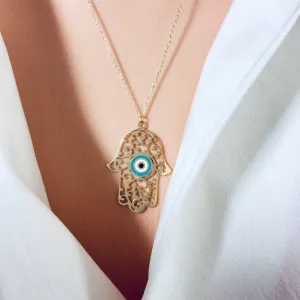 Solid Gold 18K Dainty Minimalist Enamel Hamsa Necklace 20Inches Long