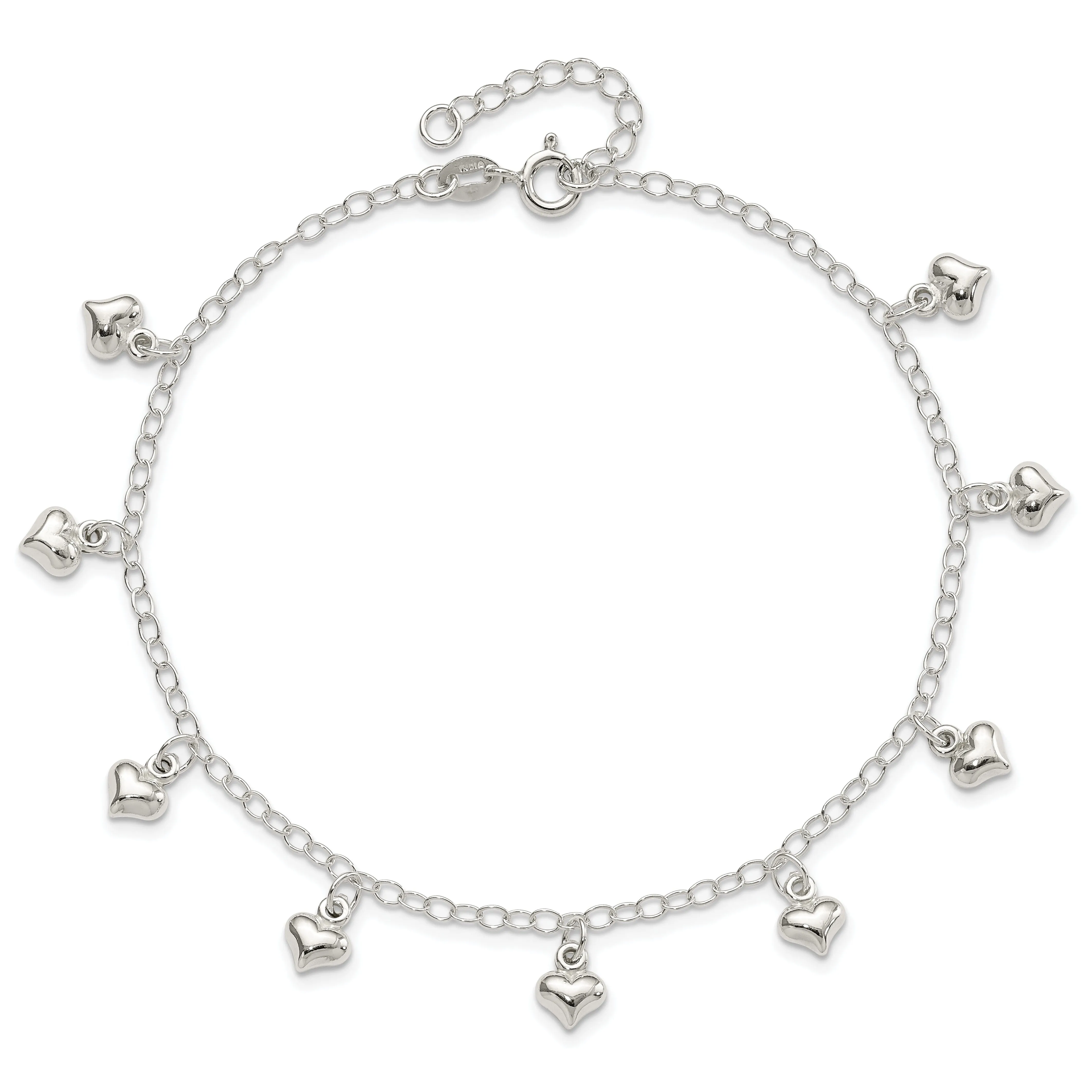 Sterling Silver 9inch Puffed Heart Anklet