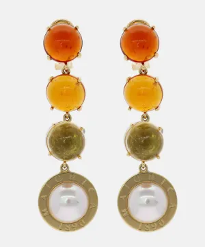 Sterling Silver Gold Plated Omega Earrings for Women with Organic Pearl, 12mm Round White Pearl and Amber Murano Crystal, 2.3 Length, Algaida Collection