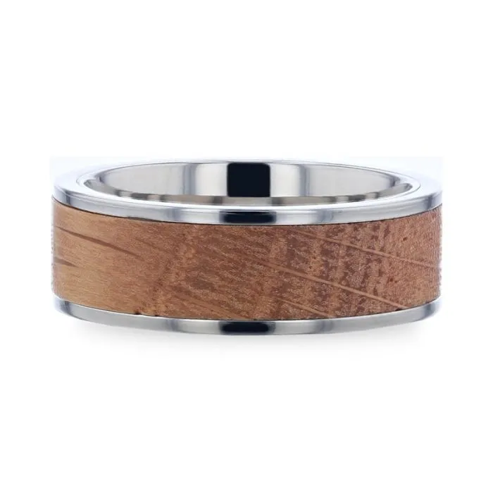 STILL | Silver Titanium Ring, Whiskey Barrel Wood Inlay, Flat