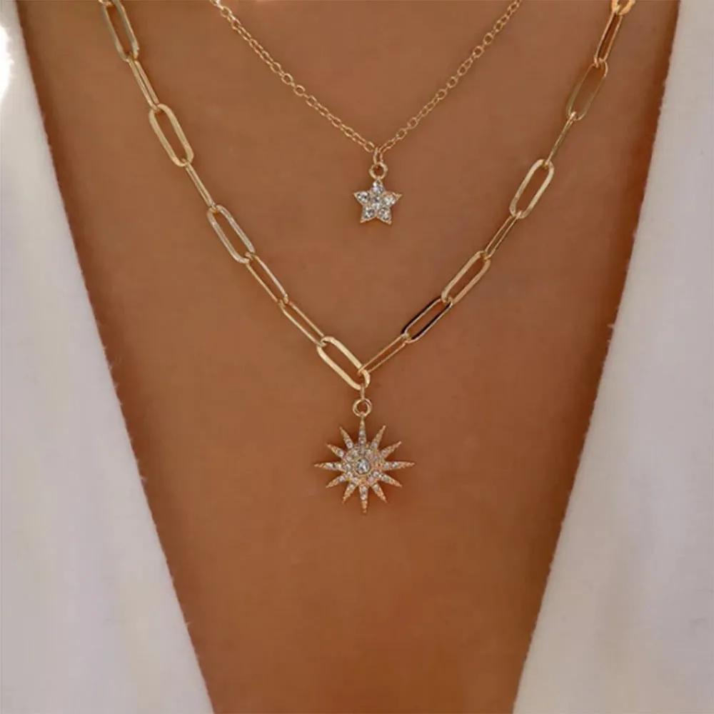 Sunflower, Star, Multi-element Necklace, Simple And Fashionable Chain Necklace