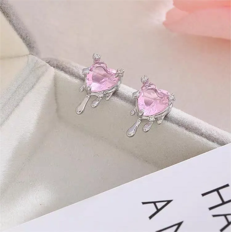 Trendy Pink Crystal Heart Melting Earrings