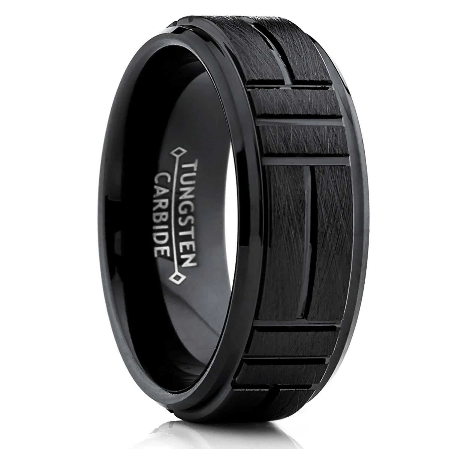 Tungsten Carbide Men's Black Textured Brushed Grooved Wedding Band Ring, Comfort Fit 8mm