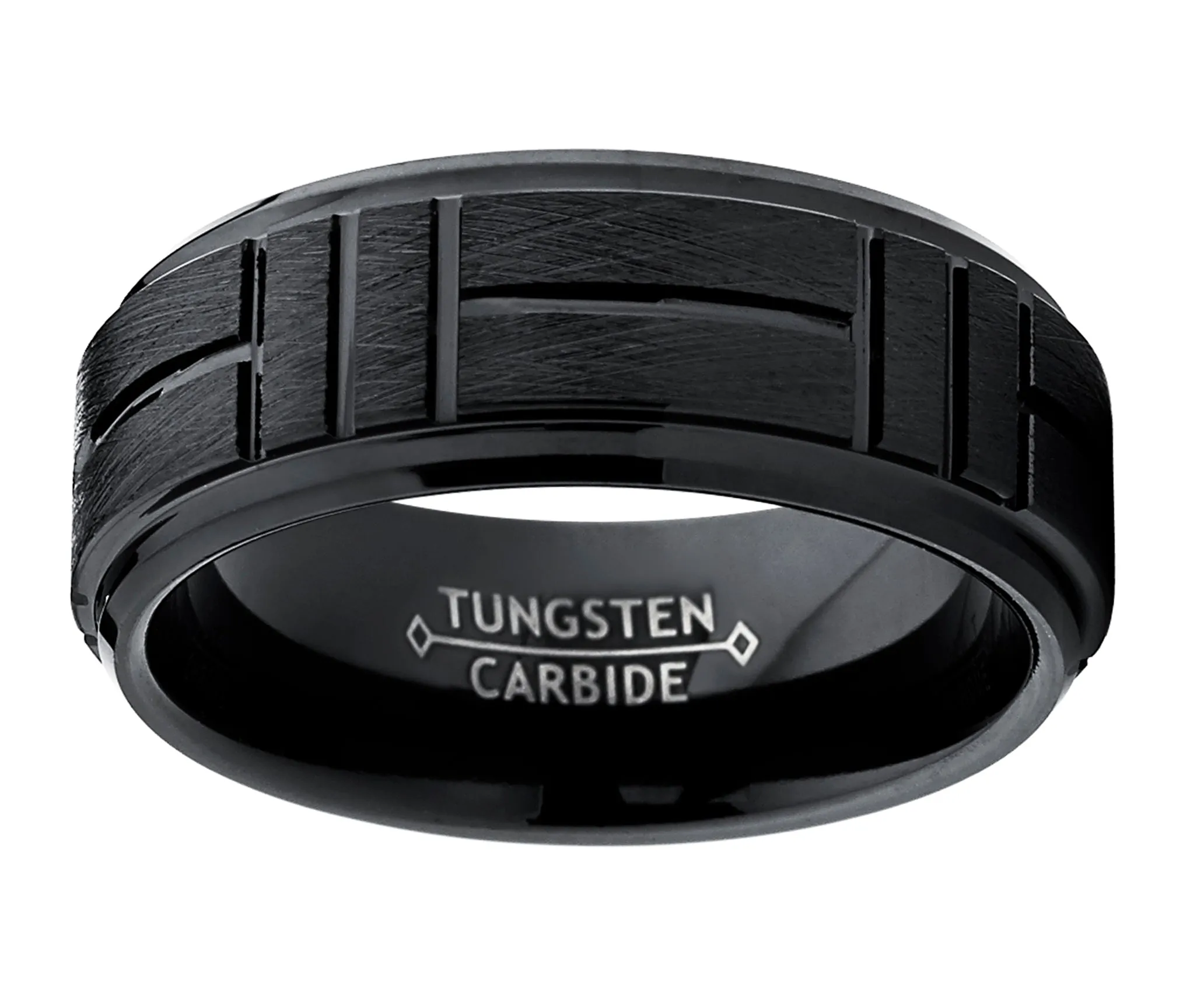 Tungsten Carbide Men's Black Textured Brushed Grooved Wedding Band Ring, Comfort Fit 8mm