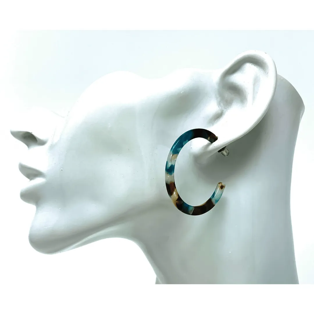 Turquoise & Brown Marbled Resin Hoop Earrings