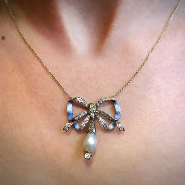 Vintage Enamel Pearl & Diamond Bow Necklace