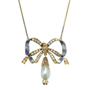 Vintage Enamel Pearl & Diamond Bow Necklace