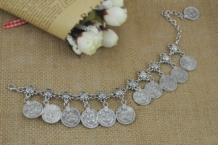 Womens Barefoot Foot Jewelry Ankle Bracelet Antique Silver Plated Coin Charming Anklet Jewelry Fashion Accessory